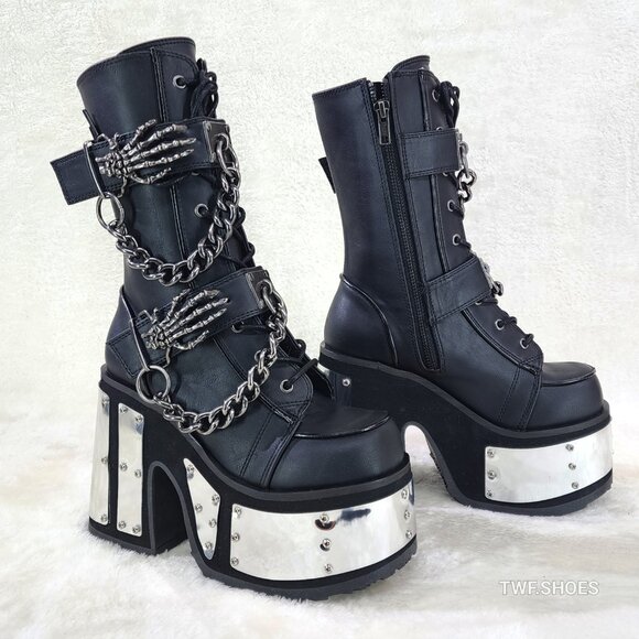 Camel Demonia Goth Punk Mid Calf Platform Boots Skeleton Hands Chains - Picture 1 of 9
